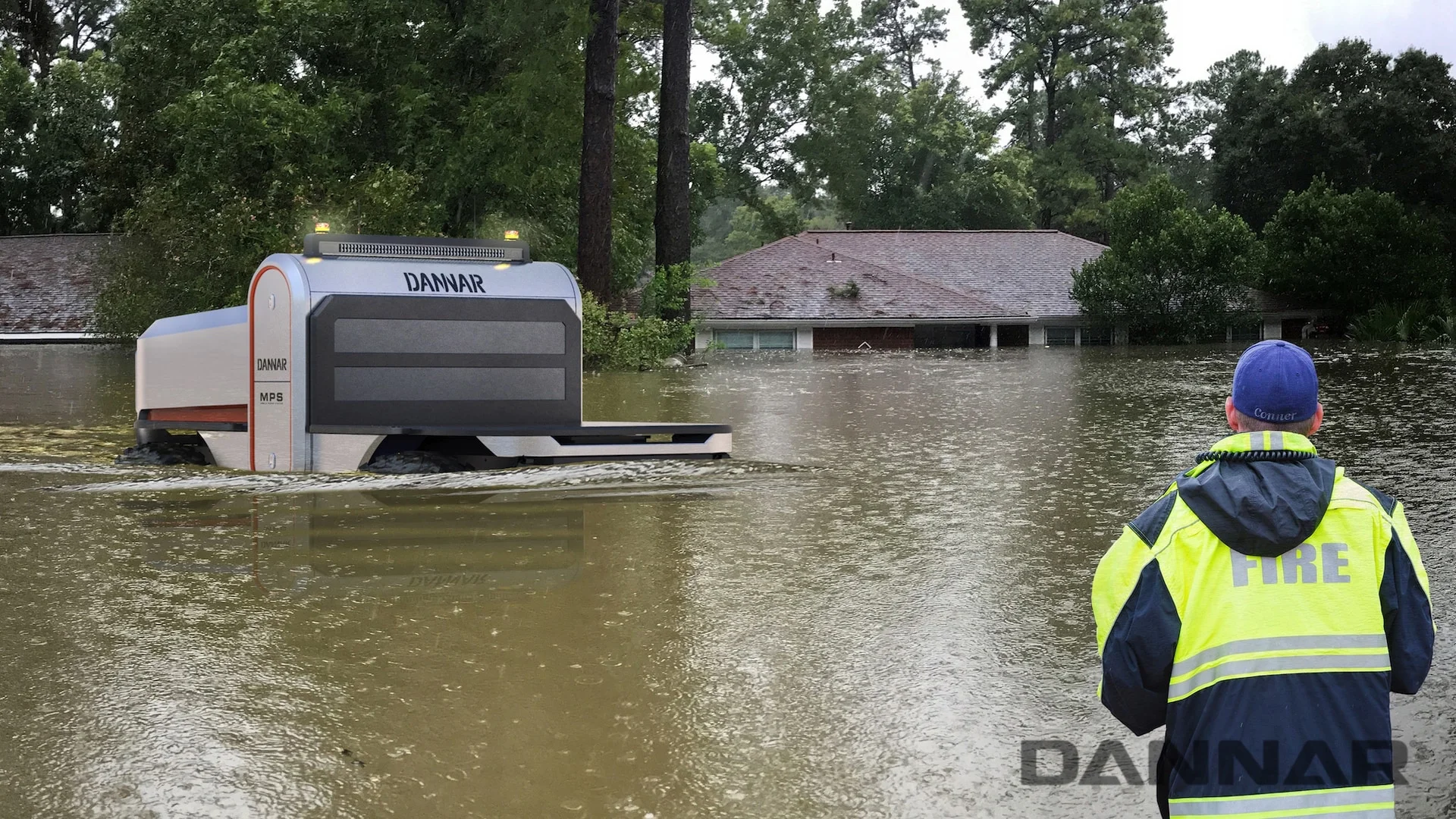 DANNAR 400 MPS driving through flooded neighborhood